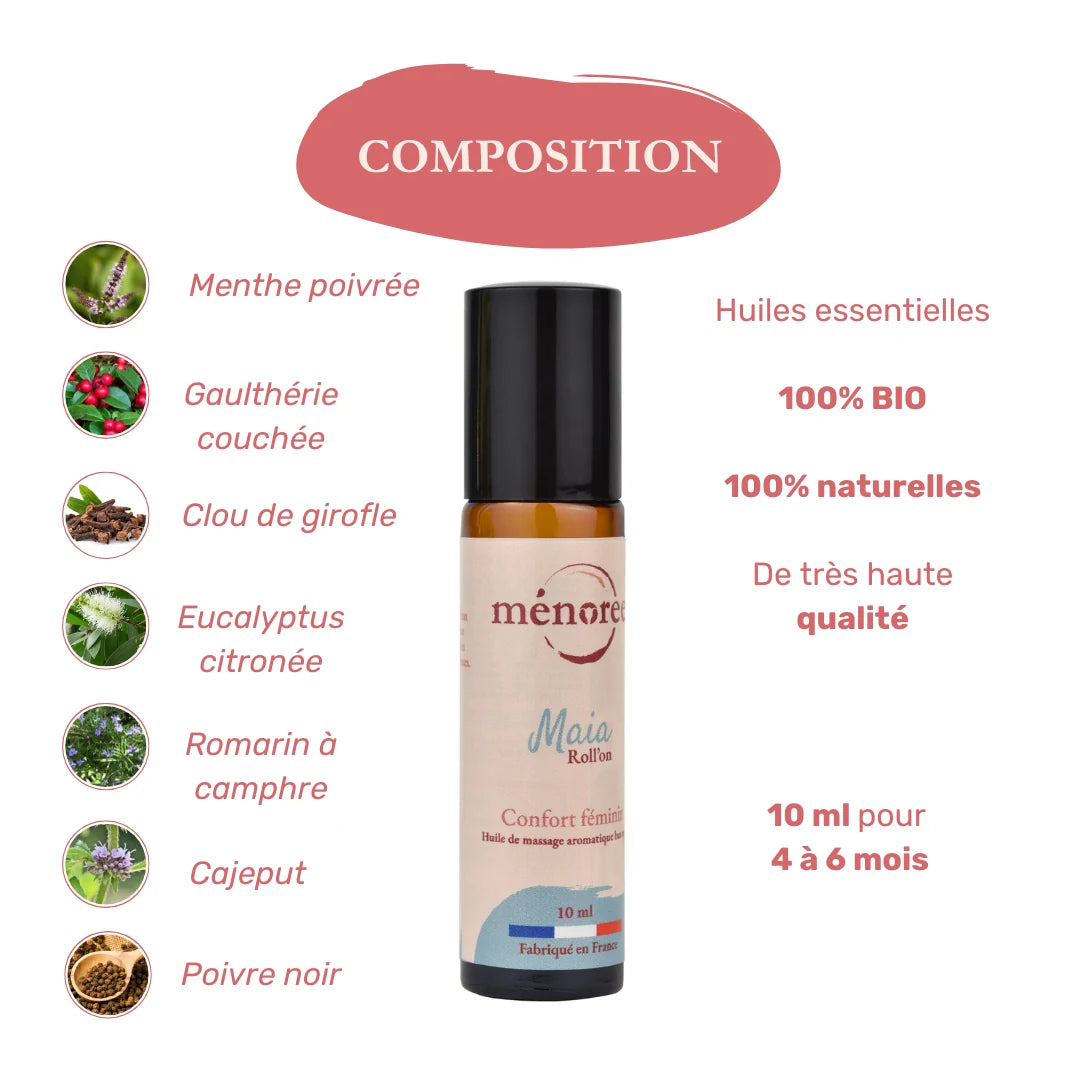 Huiles essentielles BIO pour les douleurs de règles : composition du roll-on Maïa